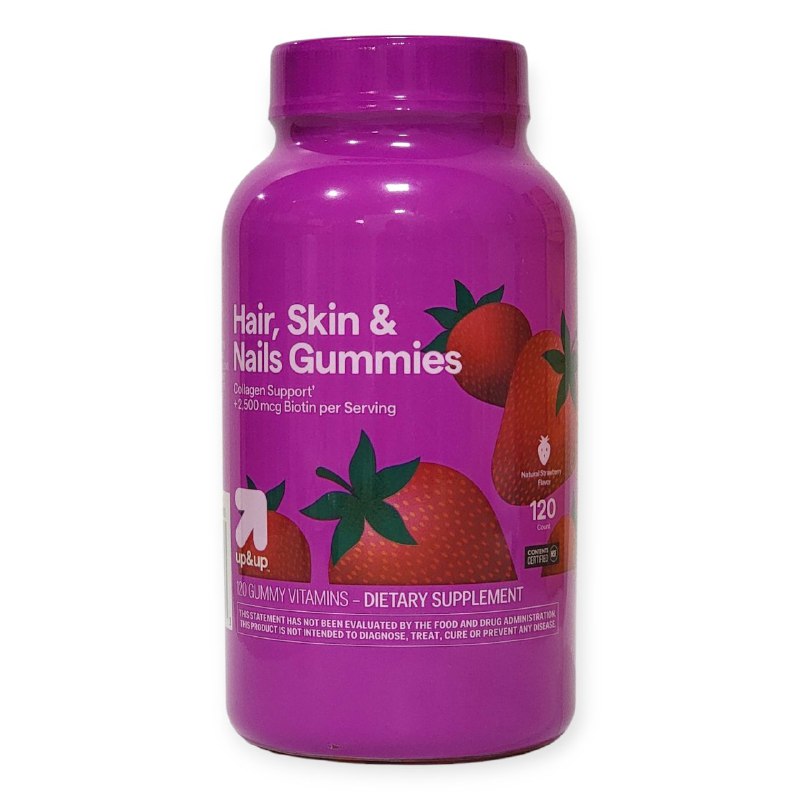 VITAMINAS EN GOMITAS PARA EL CABELLO, PIEL Y UÑAS CON COLAGENO, 2500MCG DE BIOTINA POR RACION UP&UP 120UND