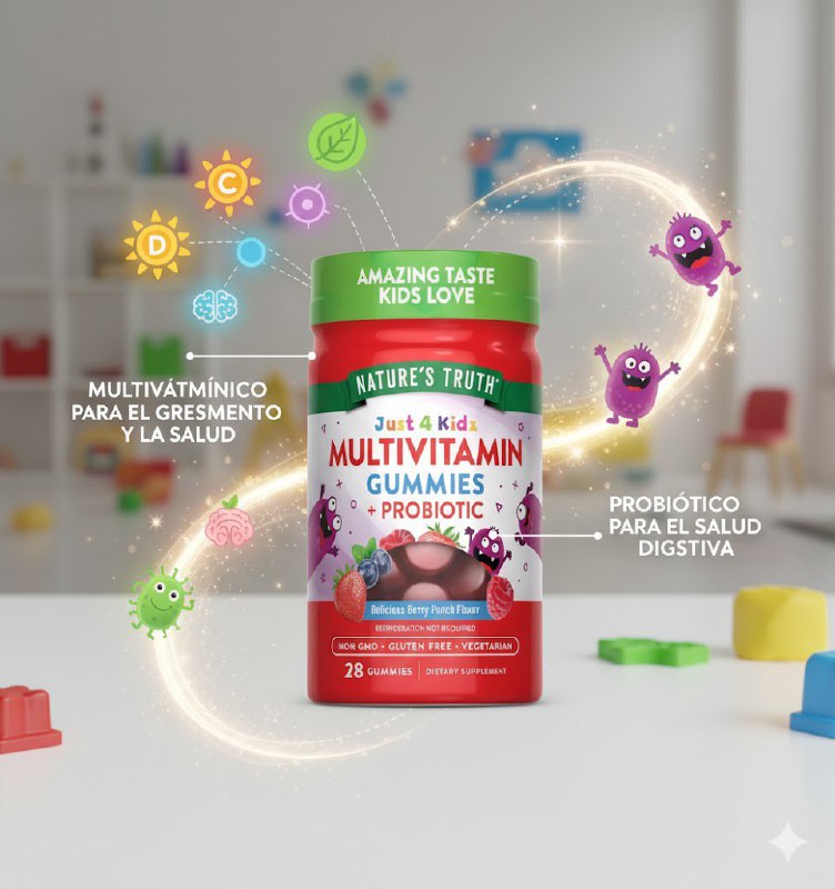 VITAMINAS EN GOMITAS PARA NIÑOS MULTIVITAMINICAS, PROBIOTICO SIN GLUTEN SIN OMG, VEGETARIANO, SABOR NATURAL A PONCHE DE BAYAS NATURE S TRUTH 28UND