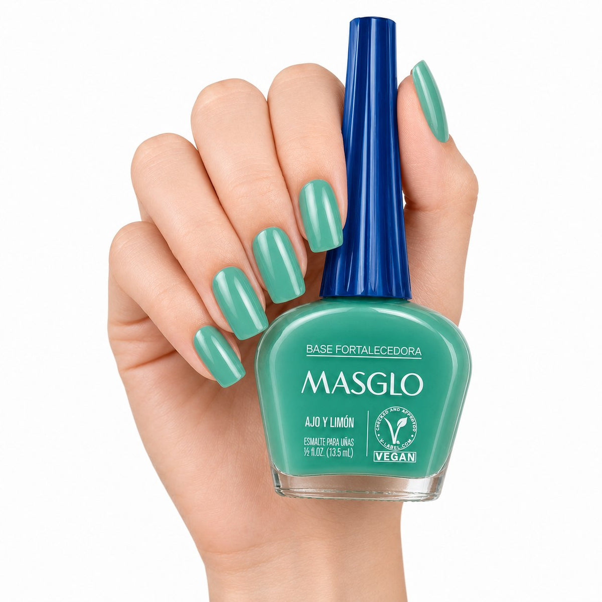 ESMALTE DE TRATAMIENTO PARA UÑAS MÁS RESISTENTES MASGLO BASE FORTALECEDORA CON AJO Y LIMÓN 13.5 ML