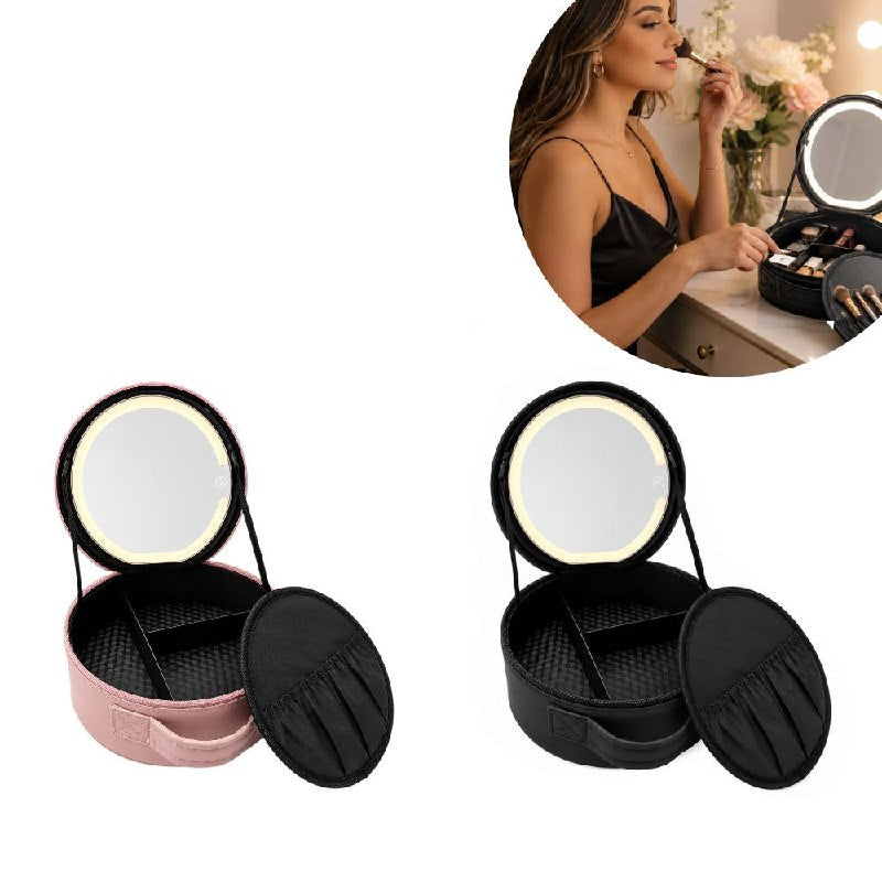 ORGANIZADOR ESTUCHE DE MAQUILLAJE PORTATIL REDONDO CON ESPEJO LED 22.3X23.3CM