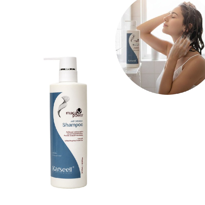 SHAMPOO ANTICASPA PURIFICANTE DERMOCALMANTE Y REGULADOR DE GRASA CON ESENCIA DE MACA PERUANA KARSEELL 500ML