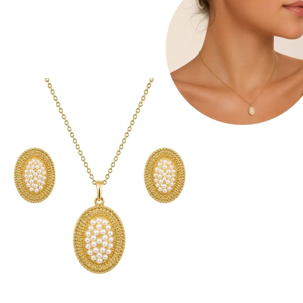 SET DE JOYERÍA ENCHAPE PARA DAMA CON DIJE OVALADO Y ARETES DE PERLAS PAVÉ