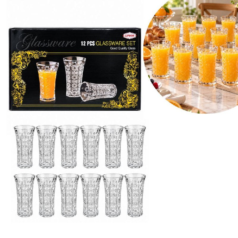 SET DE 12 VASOS DE VIDRIO CON RELIEVE RECORATIVO SAFWAN 12CM