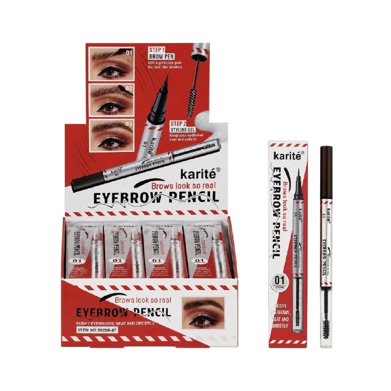 LAPIZ DE CEJAS 2 EN 1, LAPIZ PARA CEJAS ULTRAPRECISO, GEL PEINADOR MANTIIENE CEJAS LIMPIAS Y ORDENADAS KARITE 25+0.5ML (DUPE DE MAYBELLINE)