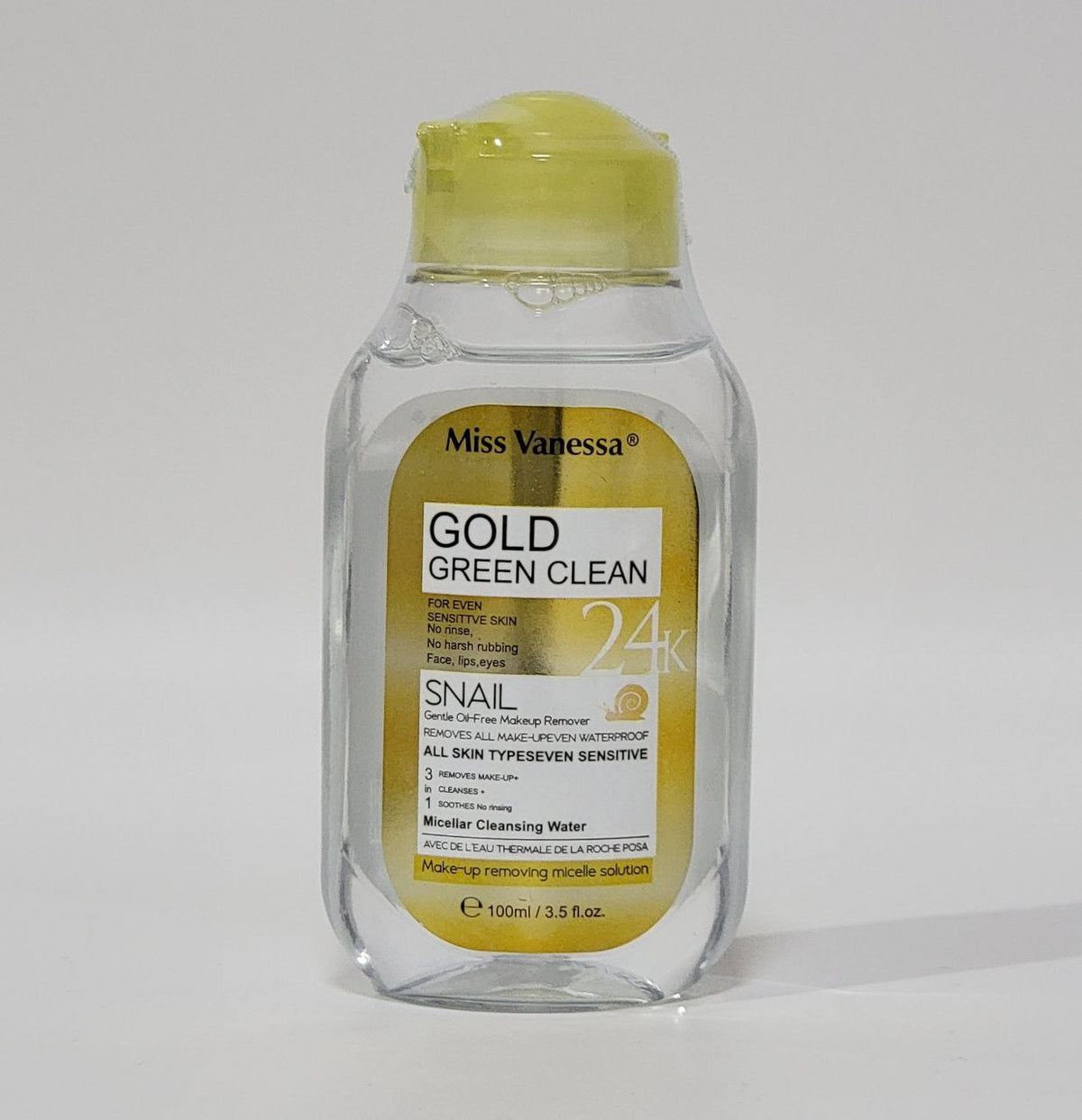 DESMAQUILLANTE 24K CARACOL SUAVE SIN ACEITE, ELIMINA EL MAQUILLAJE INCLUSO IMPERMEABLE, PARA TODO TIPO DE PIEL MISS VANESSA 100ML