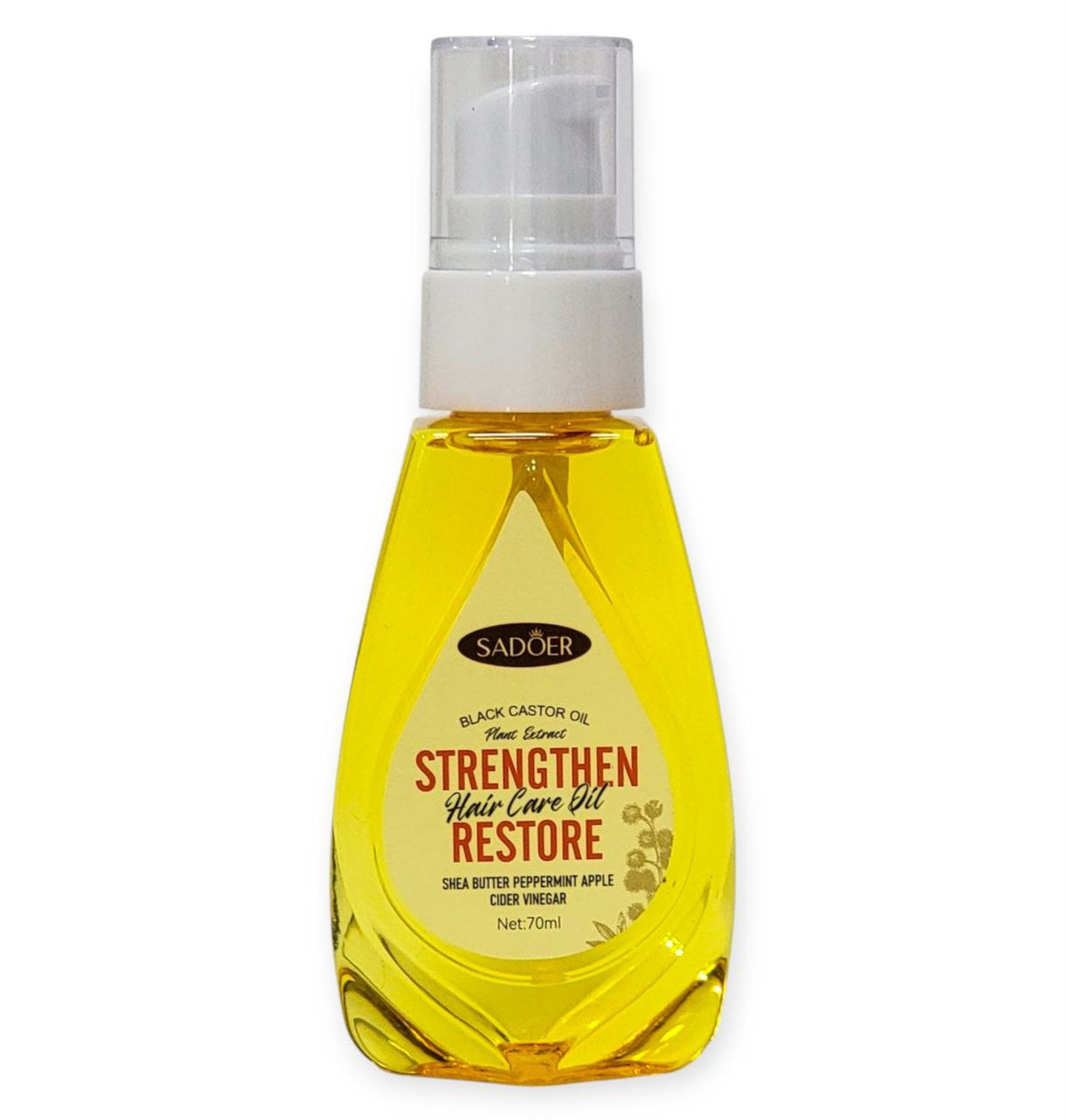 ACEITE PARA EL CABELLO FORTALECEDOR Y RESTAURADOR CON RICINO NEGRO MANTECA DE KARITE MENTA Y CIDRA DE MANZANA SADOER 70ML