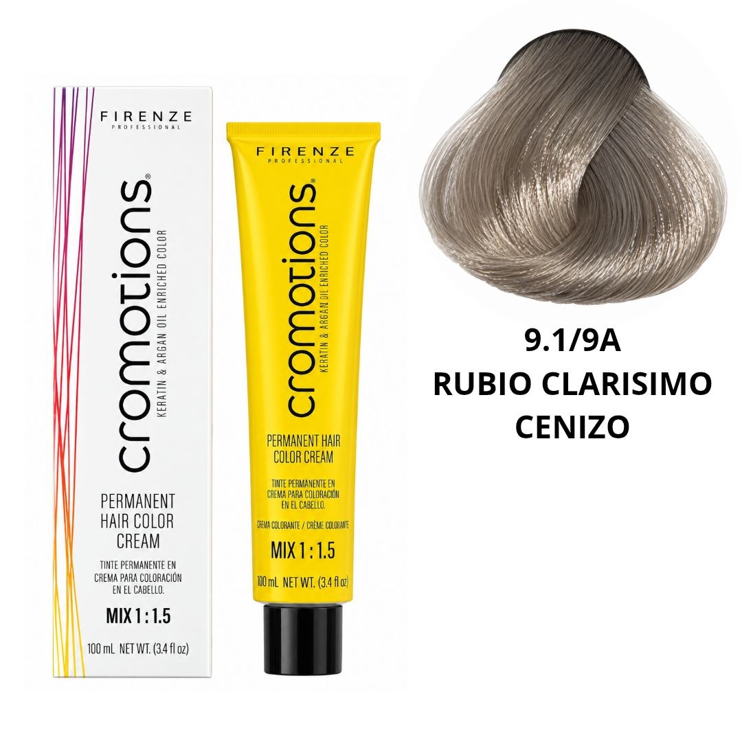 TINTE PERMANENTE EN CREMA CROMOTIONS 9.1/9A RUBIO CLARISIMO CENIZO FIRENZE PROFESSIONAL 100ML