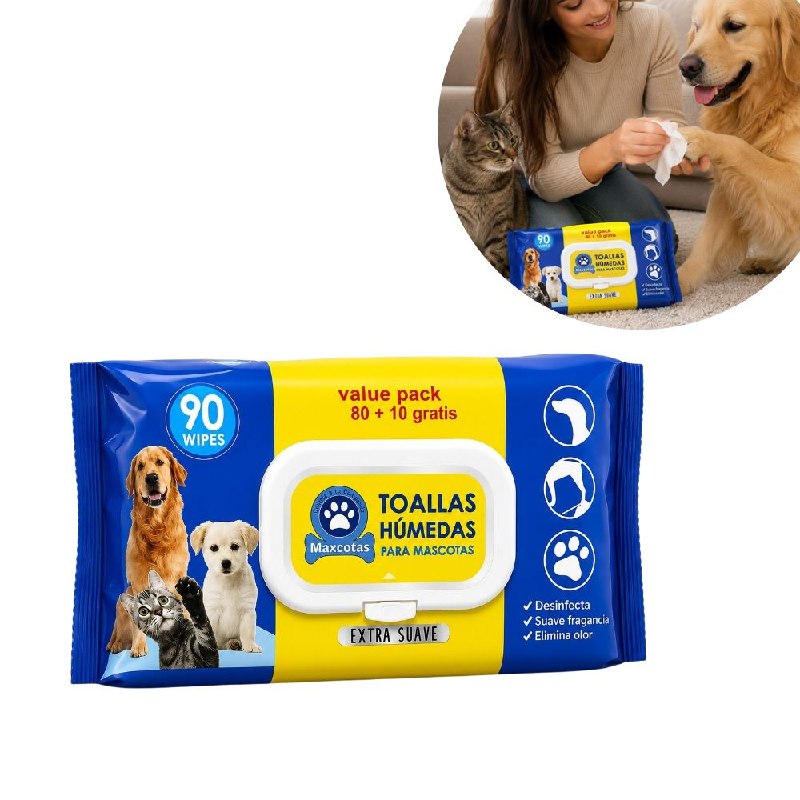 TOALLAS HUMEDAS DESINFECTANTES PARA MASCOTAS EXTRA SUAVES MAXCOTAS 90UND