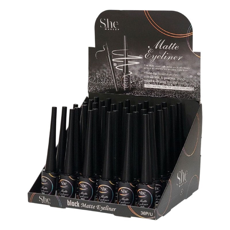 DELINEADOR DE OJOS LIQUIDO MATTE, ACABADO MATTE FACILMENTE SIN ESFUERZO ULTRAFINO Y EXQUISITO, SECADO RAPIDO A PRUEBA DE PLIEGUES SHE MAKEUP 0.5ML
