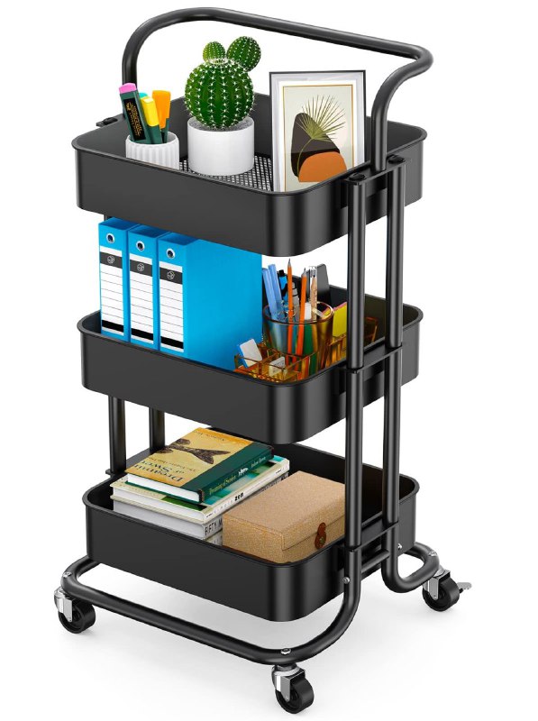 ORGANIZADOR CARRITO ORGANIZADOR DE ALMACENAMIENTO DE METAL DE 3 NIVELES, MULTIUSOS PARA BAÑO, COCINA O DORMITORIO COLOR NEGRO 44.5X33X13CM