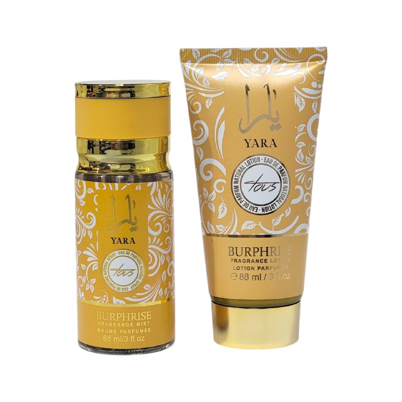 SET MINI YARA TOUS BURPHRISE SPLASH 88ML, BODY LOTION 88ML (M) (AROMA SIMILAR LATTAFA YARA TOUS)