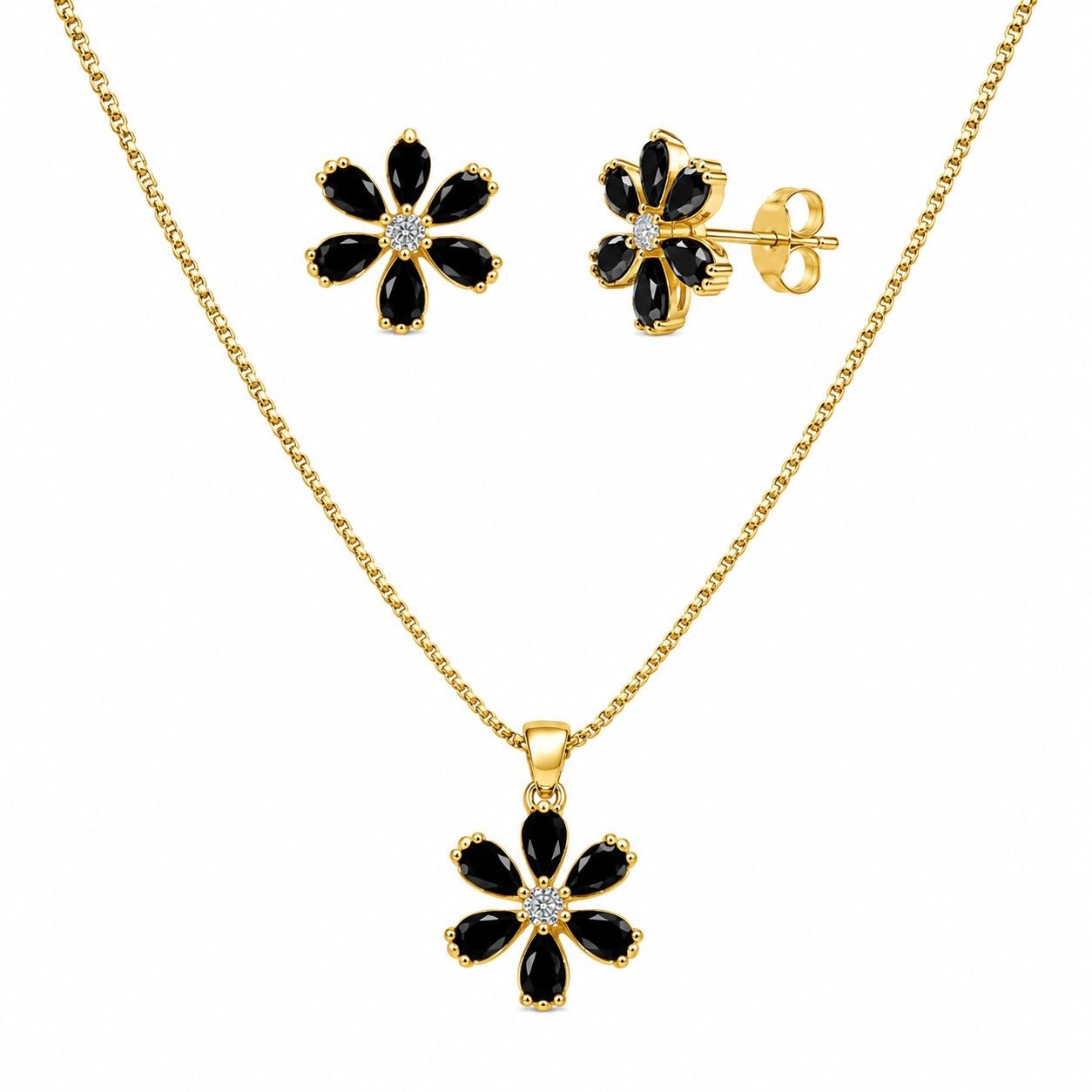 SET DE ENCHAPE PARA DAMA CON DISEÑO DE FLOR CON CRISTALES NEGROS Y BLANCO