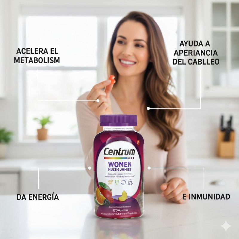 VITAMINAS EN GOMITAS PARA MUJER, APOYA LA ENERGIA, INMUNIDAD, METABOLISMO Y APARCIENCIA SALUDABLE, SABORES SURTIDOS DE FRUTAS ANTURALES CENTRUM WOMEN 170UND