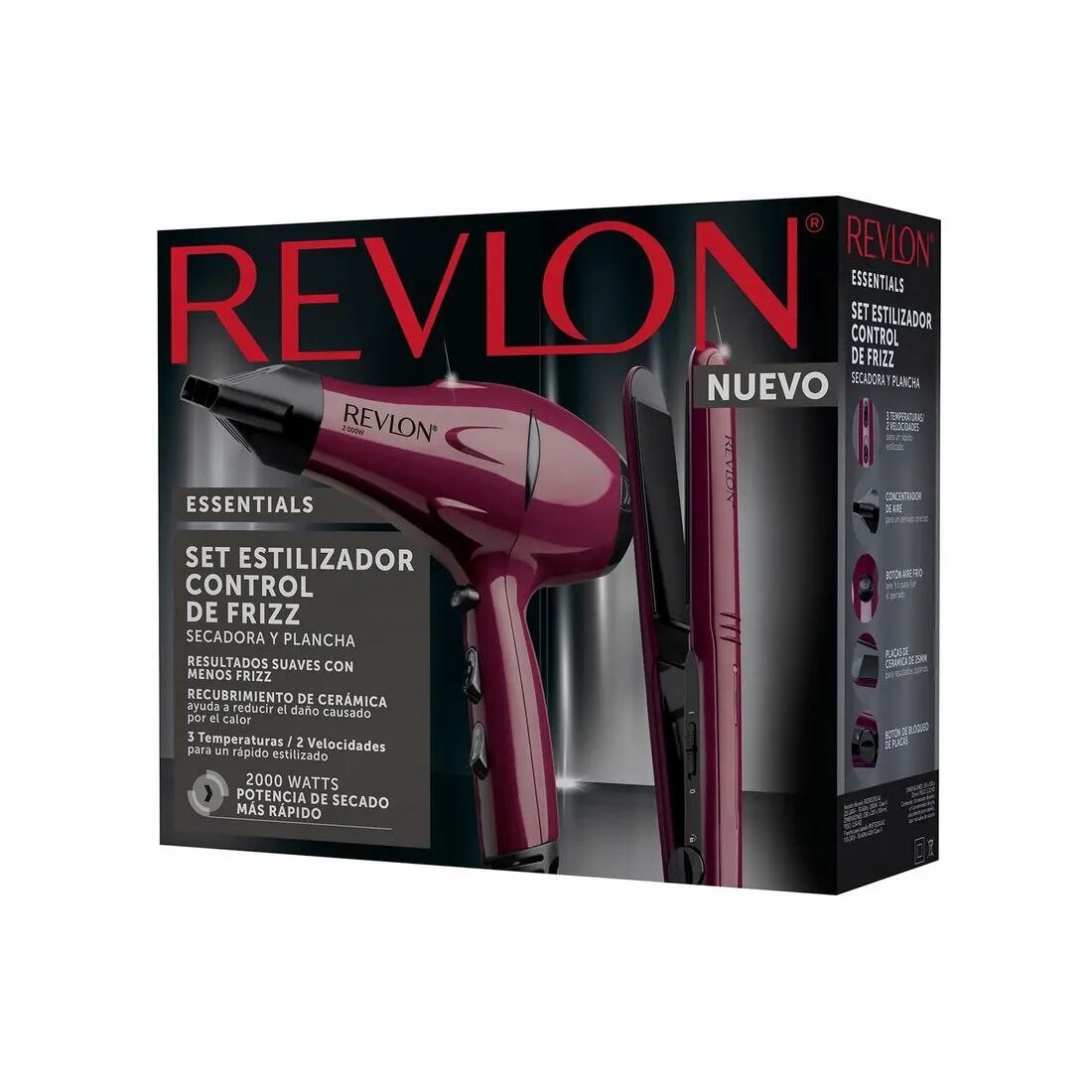 SECADORA Y PLANCHA DE CABELLO EN SET ESTILIZADOR CONTROL DE FRIZZ, RESULTADOS SUAVES, RECUBRIMIENTO DE CERAMICA, REDUCE EL DAÑO POR CALOR, 2000W, POTENCIA DE SECADO RAPIDO REVLON
