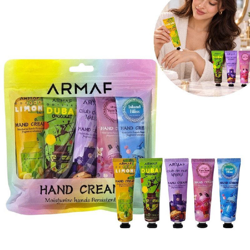 SET DE CREMAS PARA MANOS CON AROMAS DE PERFUMERIA ARABE 5PCS (AROMAS SIMILARES A ARMAF)