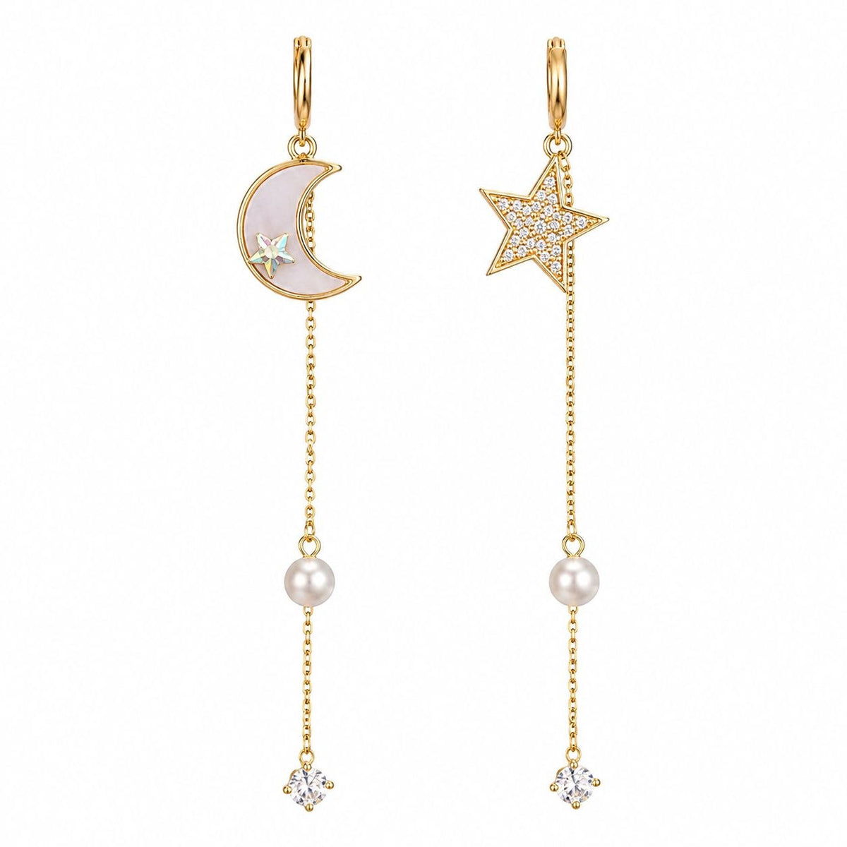 ARETES DE ENCHAPE PARA DAMA ASIMÉTRICOS LUNA Y ESTRELLA COLGANTES CON PERLA Y CIRCONES