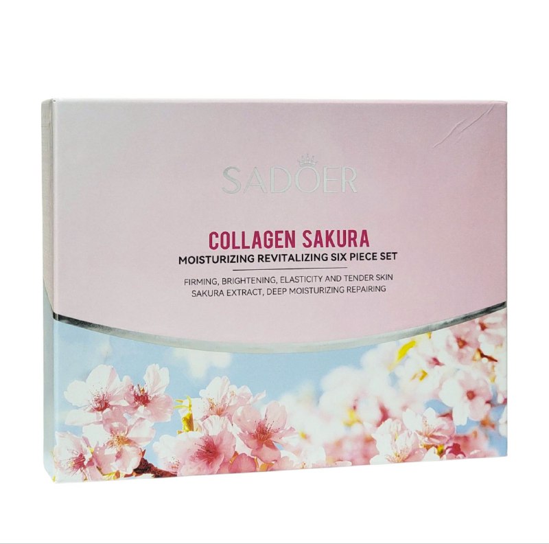 SET DE CUIDADO FACIAL REAFIRMANTE E ILUMINADOR CON EXTRACTO DE SAKURA Y COLAGENO 6PCS SADOER