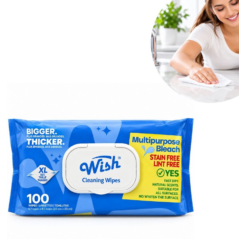 TOALLITAS HUMEDAS DE LIMPIEZA MULTIUSOS PARA EL HOGAR CON BLANQUEADOR WISH 100UND