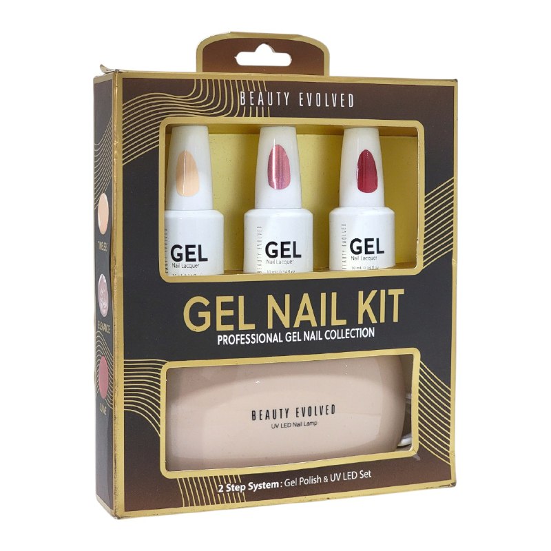 ESMALTE DE UÑAS EN SET DE 4 PIEZAS GEL PRO, 3 ESMALTES DE GEL Y LAMPARA UV LED BEAUTY EVOLVED