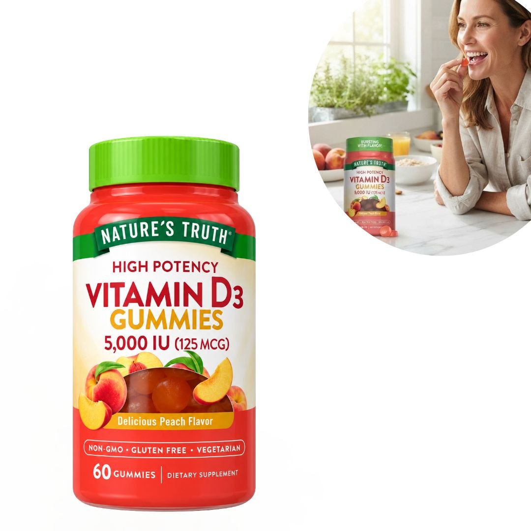 VITAMINAS EN GOMITAS DE ALTA POTENCIA, VITAMINA D3 5000UI 125MCG, SIN GLUTEN, SABOR MELOCOTON NATURE S TRUTH 60UND