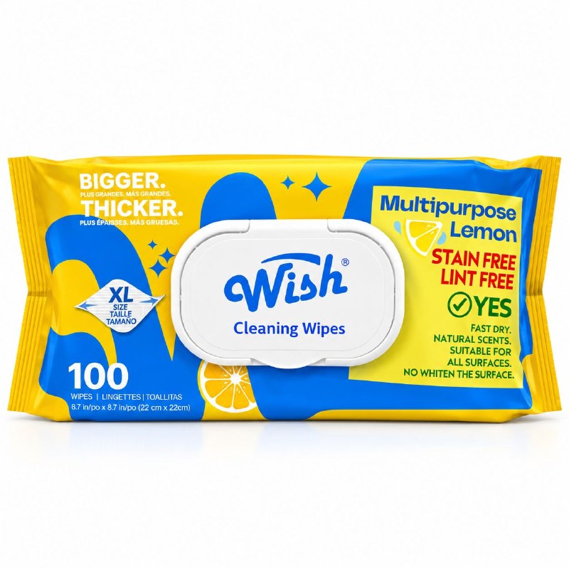 TOALLITAS HUMEDAS DE LIMPIEZA MULTIUSOS PARA EL HOGAR CON AROMA A LIMON WISH 100UND