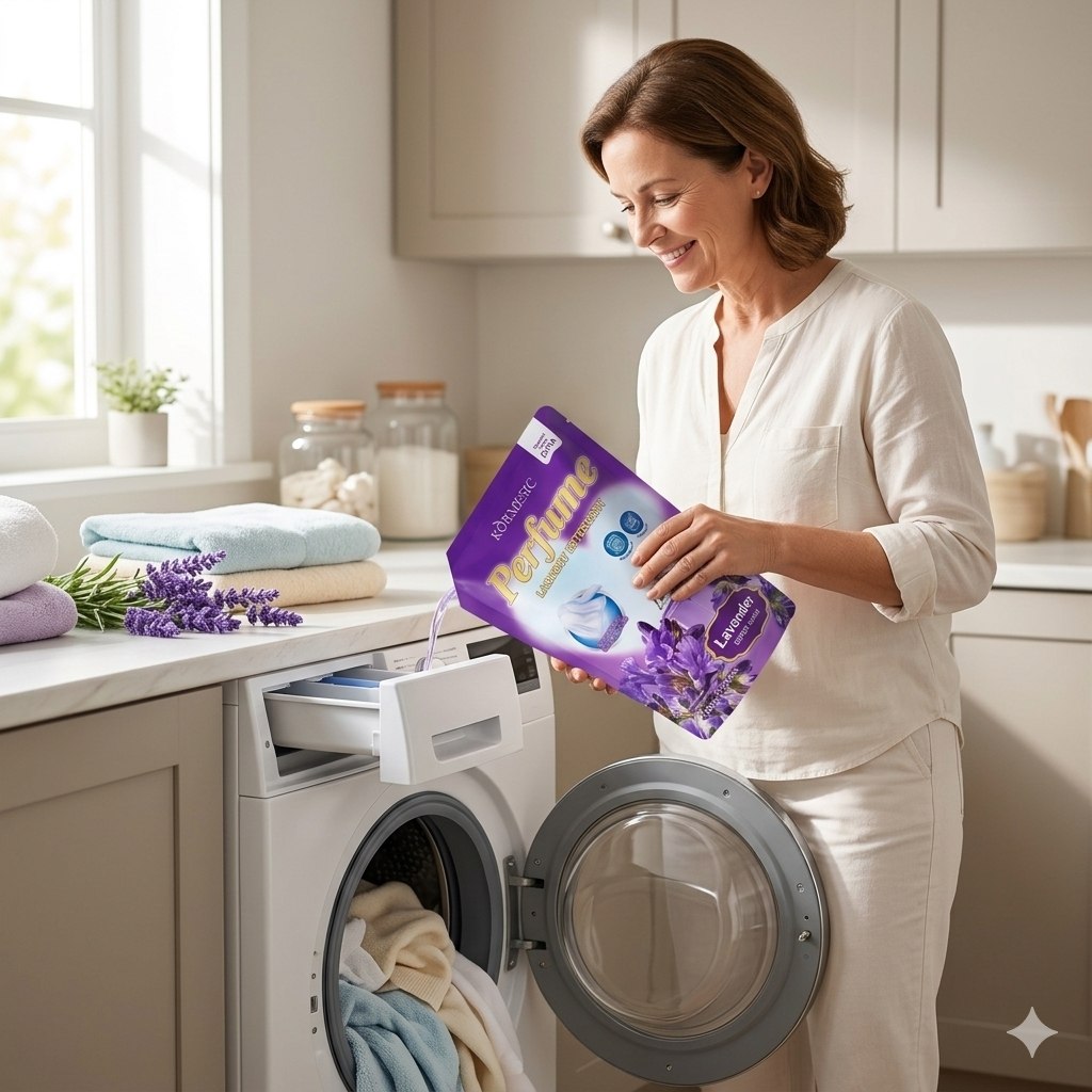 DETERGENTE LÍQUIDO PARA ROPA LIMPIEZA EFECTIVA AGRADABLE FRAGANCIA A LAVANDA UIDADO Y PERFUME EN CADA CICLO DE LAVADO KORMESIC 500ML