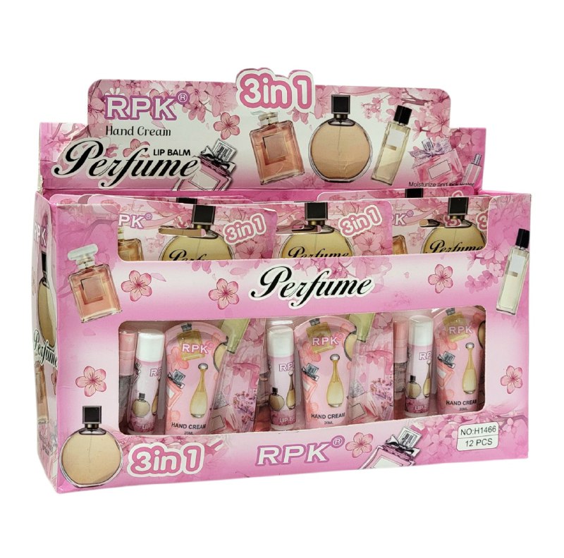 CREMA CORPORAL PARA MANOS EN SET CON PERFUME Y BALSAMO LABIAL RPK