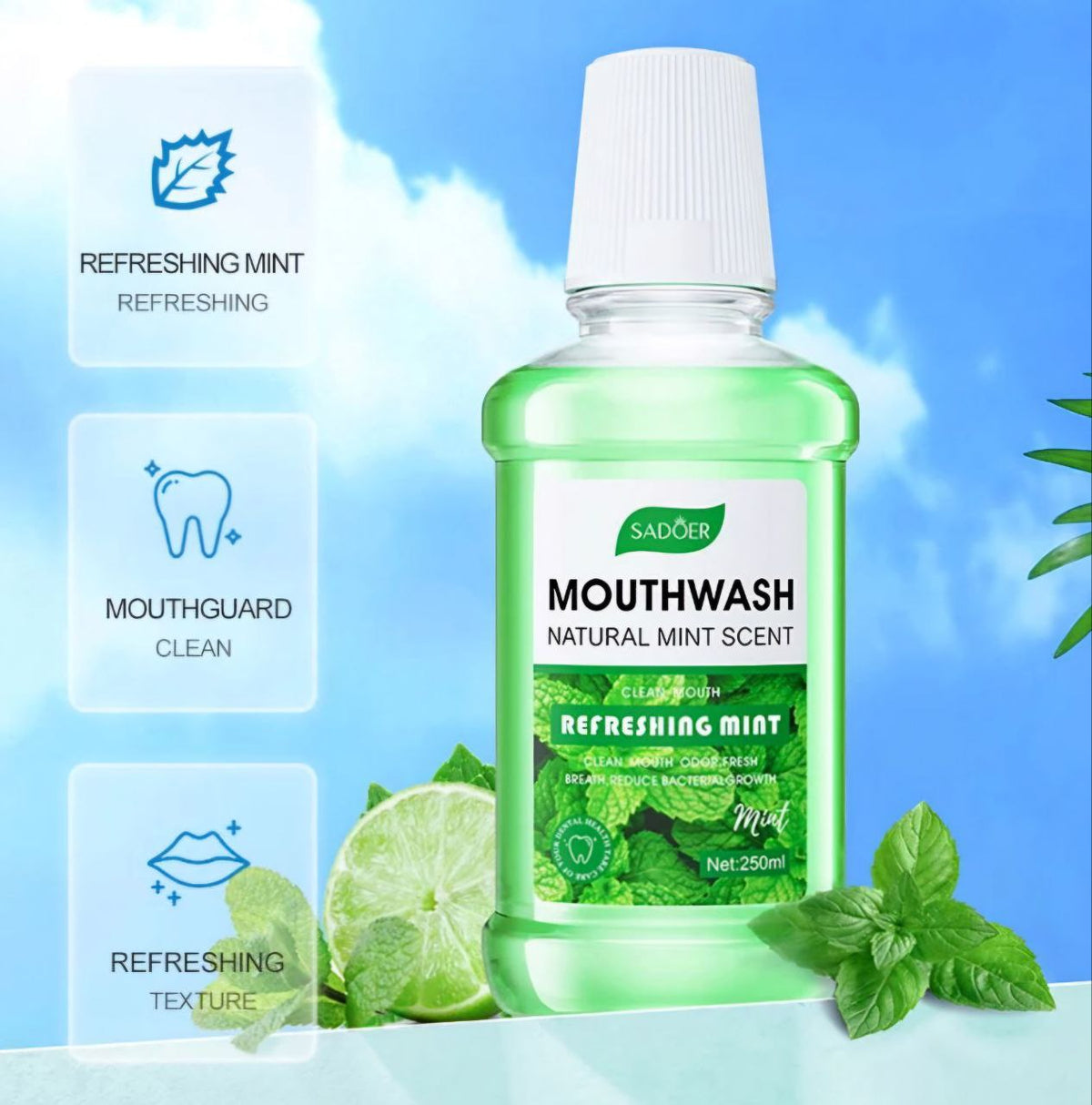 ENJUAGUE BUCAL REFRESCANTE CON AROMA A MENTA NATURAL SADOER 250ML