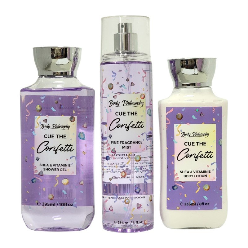 SET BODY PHILOSOPHY CUE THE CONFETTI SPLASH 250ML, CREMA CORPORAL 236ML, SHOWER GEL 295ML (M) DUPE BATH AND BODY CUE THE CONFETTI