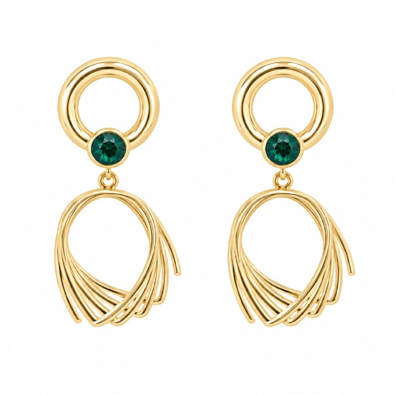 ARITOS DE ENCHAPE PARA DAMA CON DISEÑO COLGANTES CON CIRCON VERDE ESMERALDA Y AROS CURVOS 5.2CM