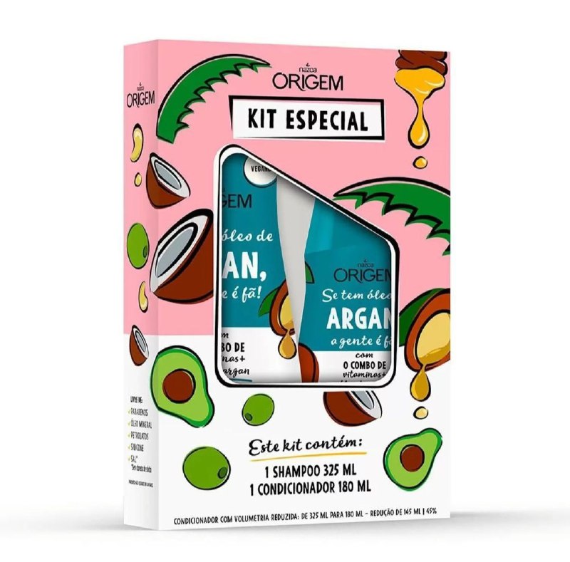 SHAMPOO Y ACONDICIONADOR EN KIT CON VITAMINAS Y ACEITE DE ARGAN NAZCA ORIGEM 325ML, 180ML