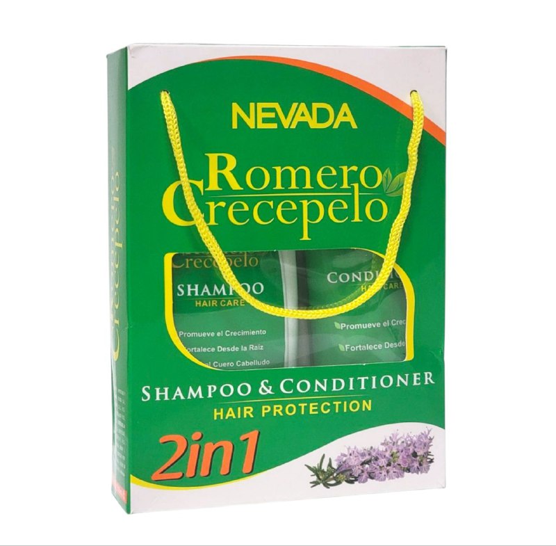 SHAMPOO PARA EL CABELLO EN SET 2 EN 1, SHAMPOO 420ML Y ACONDICIONADOR 200ML DE ROMERO CRECEPELO, TRATAMIENTO CAPILAR CON EXTRACTO DE ROMERO, PREVIENE LA PERDIDA DEL CABELLO Y LO DEJA SUAVE Y BRILLANTE NEVADA