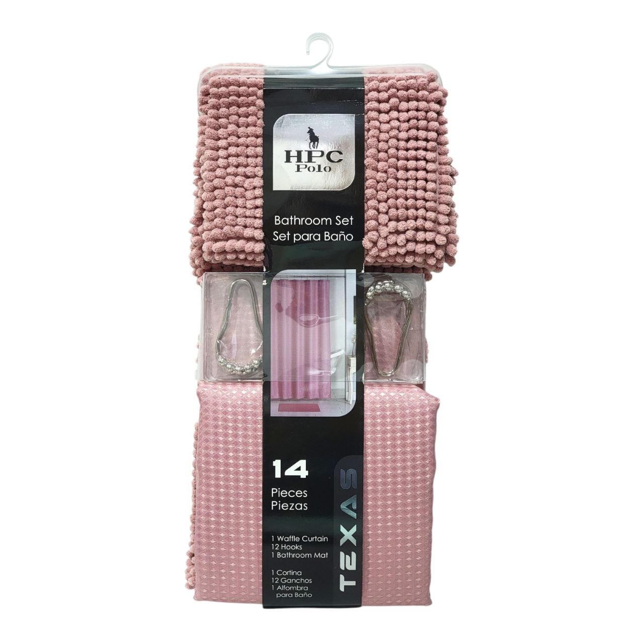 SET DE BAÑO DE ALFOMBRA Y CORTINA COLOR ROSA 3PCS HPC POLO