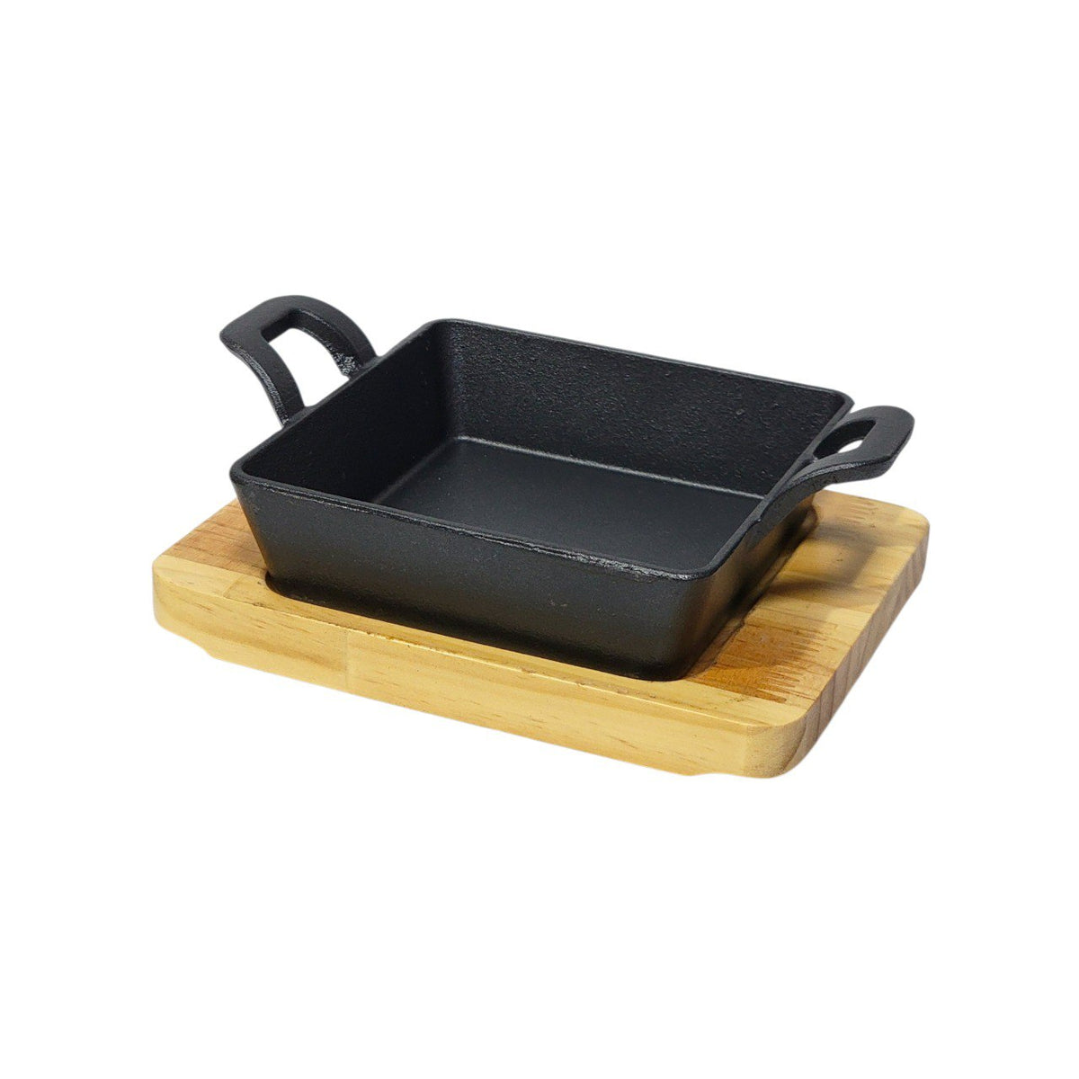 SARTEN CUADRADO DE HIERRO FUNDIDO CON BASE DE MADERA