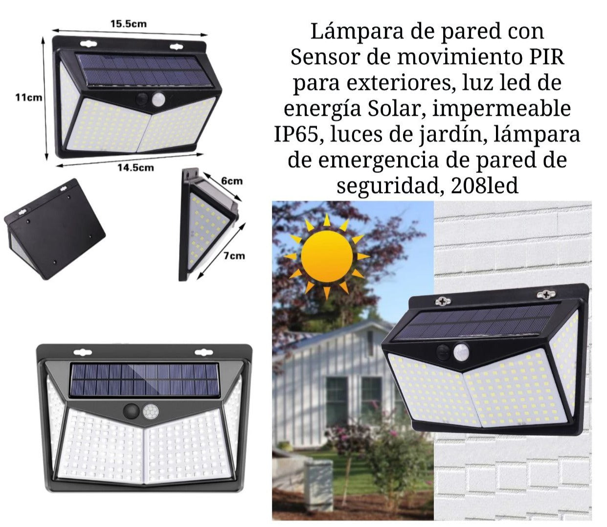 LUZ LED, LAMPARA SOLAR LUZ SOLAR CON SENSOR DE MOVIMIENTO 208 LED