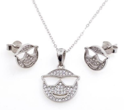 PSET2281 SET EMOJI CON LENTES CON ZIRCONIA BLANCO PLATA 9.25