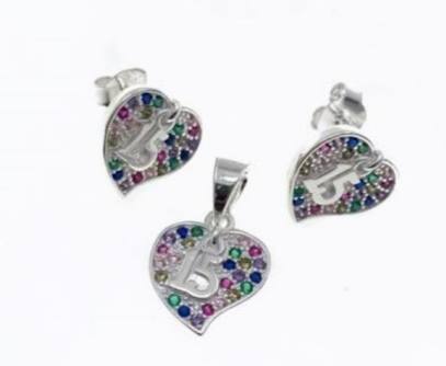 PSET2384 SET CORAZON 15 AÑOS CON ZIRCONIA BLANCO MULTICOLOR PLATA 9.25