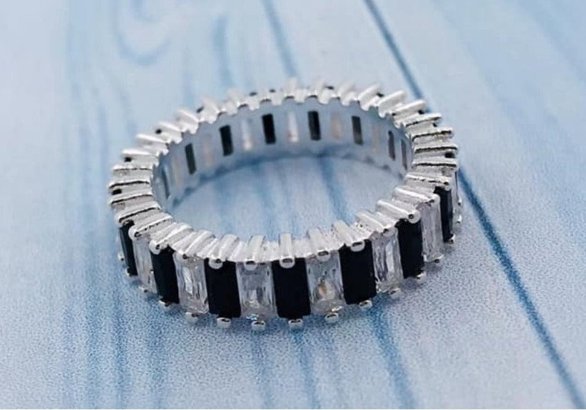 PANI562 ANILLO CIRCONES NEGROS Y TRANSPARENTES, PLATA 925
