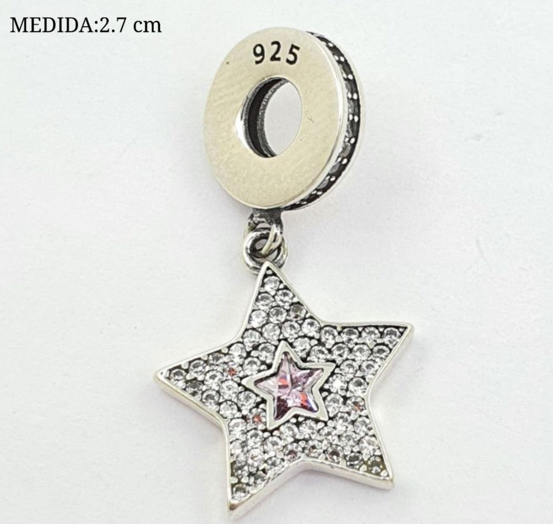 PCHARM2765#2 COLGANTE DE ESTRELLA CON CIRCONES TRANSPARENTES Y PIEDRA ROSA EN MEDIO