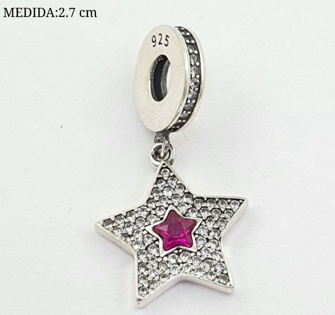 PCHARM2765#3 COLGANTE DE ESTRELLA CON CIRCONES TRANSPARENTES Y PIEDRA FUCSIA EN MEDIO