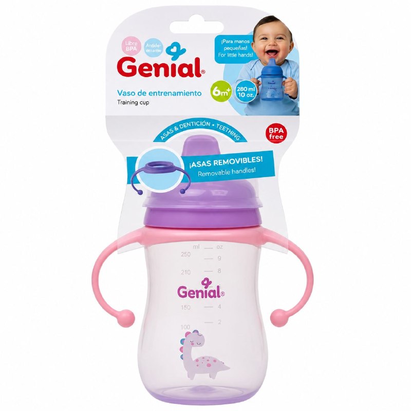 VASO DE ENTRENAMIENTO ANTIDERRAME PARA BEBES ERGONOMICO GENIAL 280ML