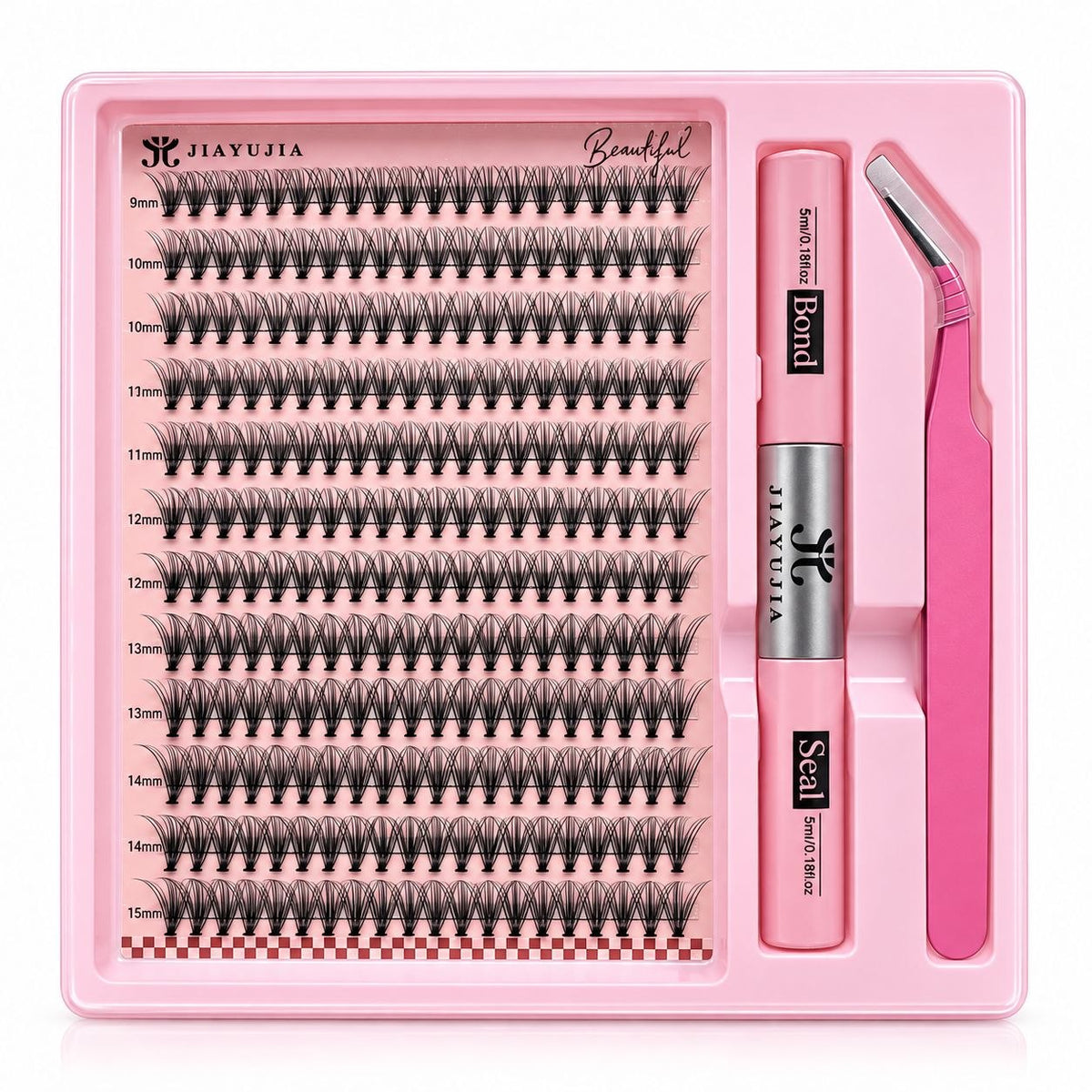 KIT DE PESTAÑAS POSTIZAS EN GRUPOS 5D JIAYUJIA 9MM A 15MM CON BOND Y SEAL