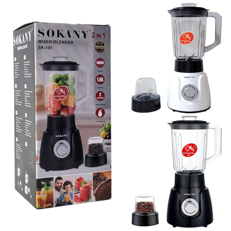 MAQUINA LICUADORA 2 EN 1, LICUADORA Y BATIDORA, 500W DE FUERZA, CAPACIDAD 1.6L, 2 VELOCIDADES, LIMPIEZA RAPIDA, SK-185 SOKANY