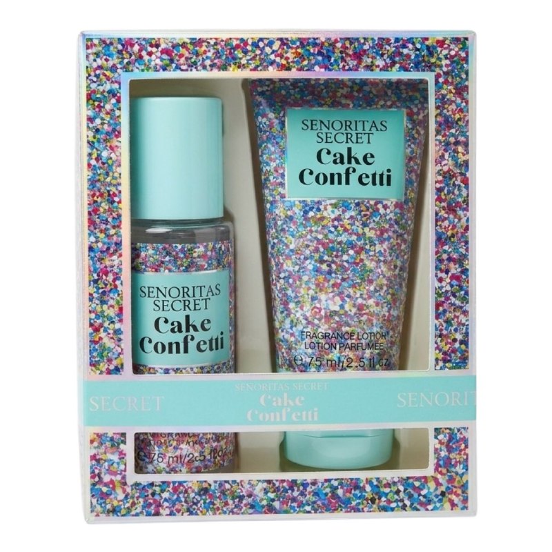 SET MINI SENORITAS SECRET CAKE CONFETTI SPLASH 75ML CREMA CORPORAL 75ML (M) (AROMA SIMILAR VS CAKE CONFETTI)