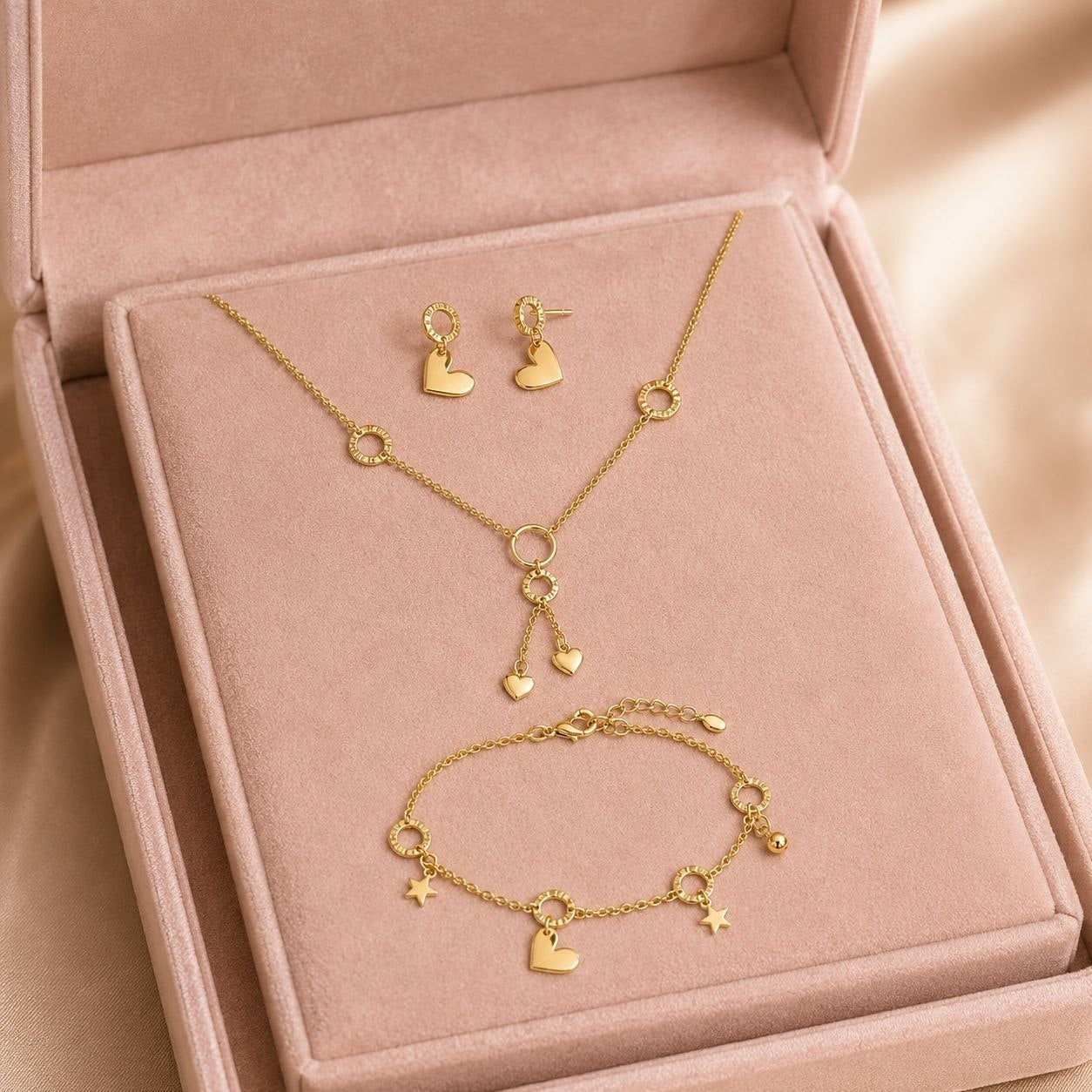SET COMPLETO DE ENCHAPE PARA DAMA COLLAR ESTILO LARIAT, PULSERA Y ARETES CORAZÓN Y ESTRELLAS