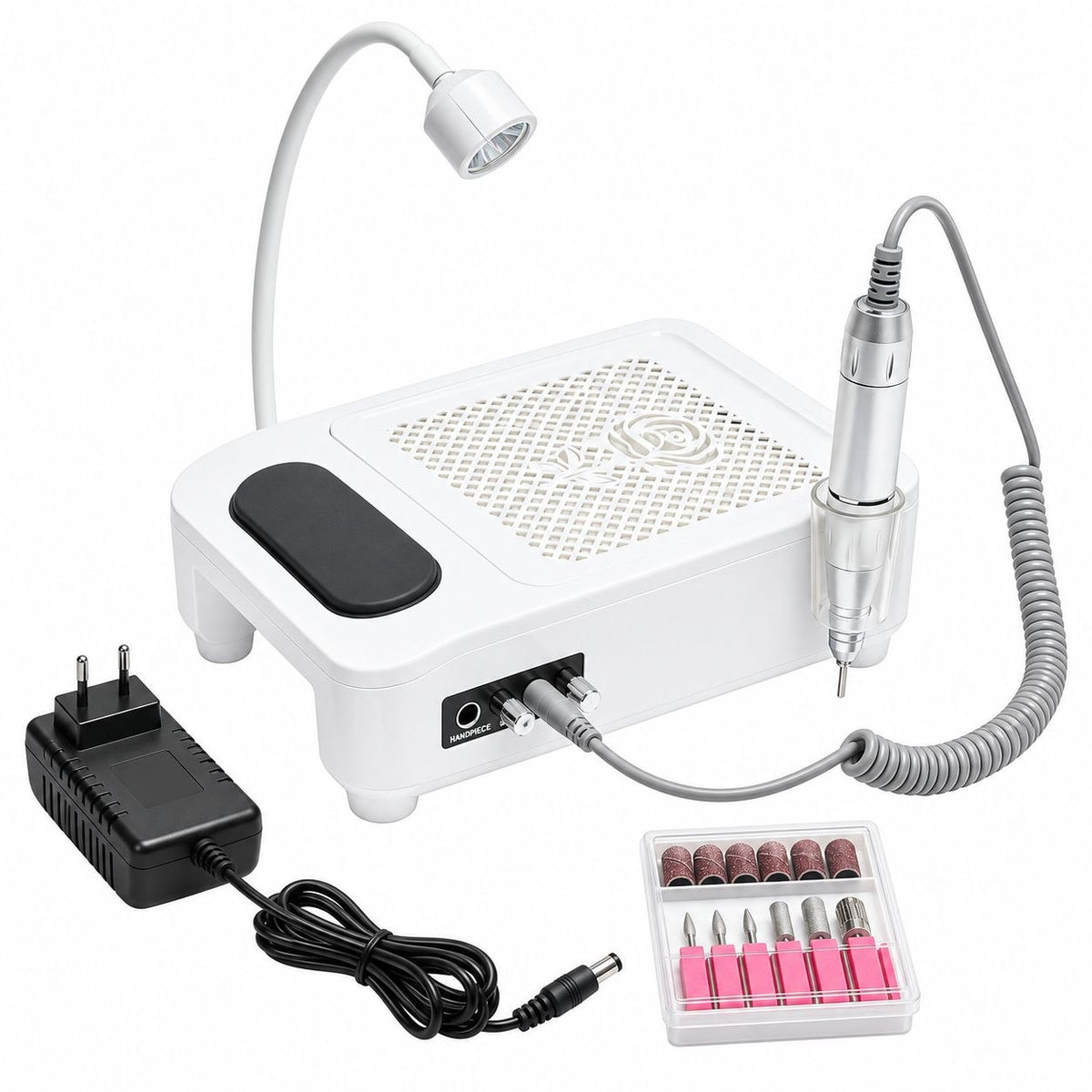 ESTACIÓN PROFESIONAL 4 EN 1 PARA MANICURA Y PEDICURA CON TORNO 45000RPM Y LÁMPARA UV 25CMX24.5CMX9CM
