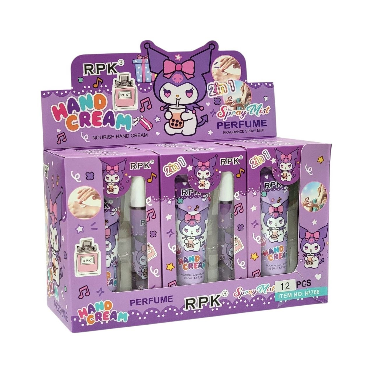 SET DE CREMA PARA MANOS Y PERFUME DEL PERSONAJE KUROMI AROMA DE LARGA DURACION RPK 30ML + 10ML