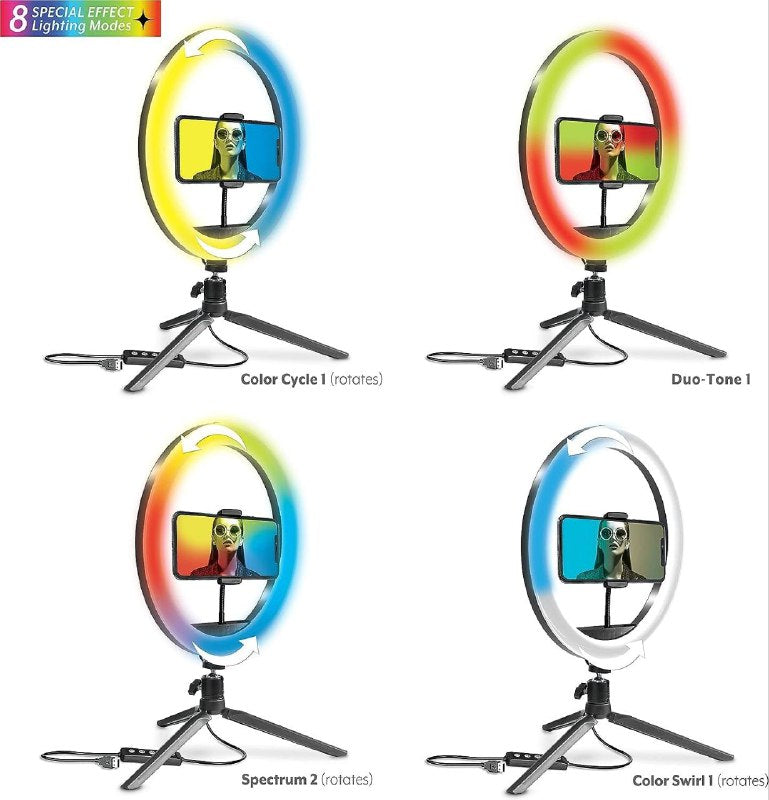 ARO DE LUZ LED RGB DE MESA CON SOPORTE PARA TELEFONO TRIPOIDE DE 10 PULGADAS BOWER