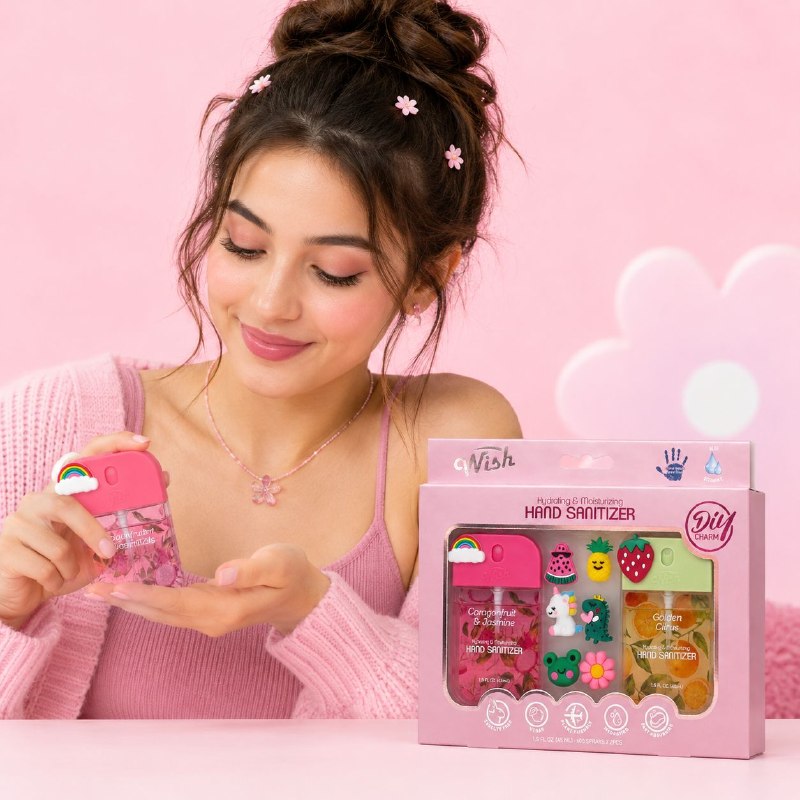 SET DE 2 SPRAY DESINFECTANTES DE MANOS HUMECTANTES CON AROMA Y 8 PINES WISH 45ML