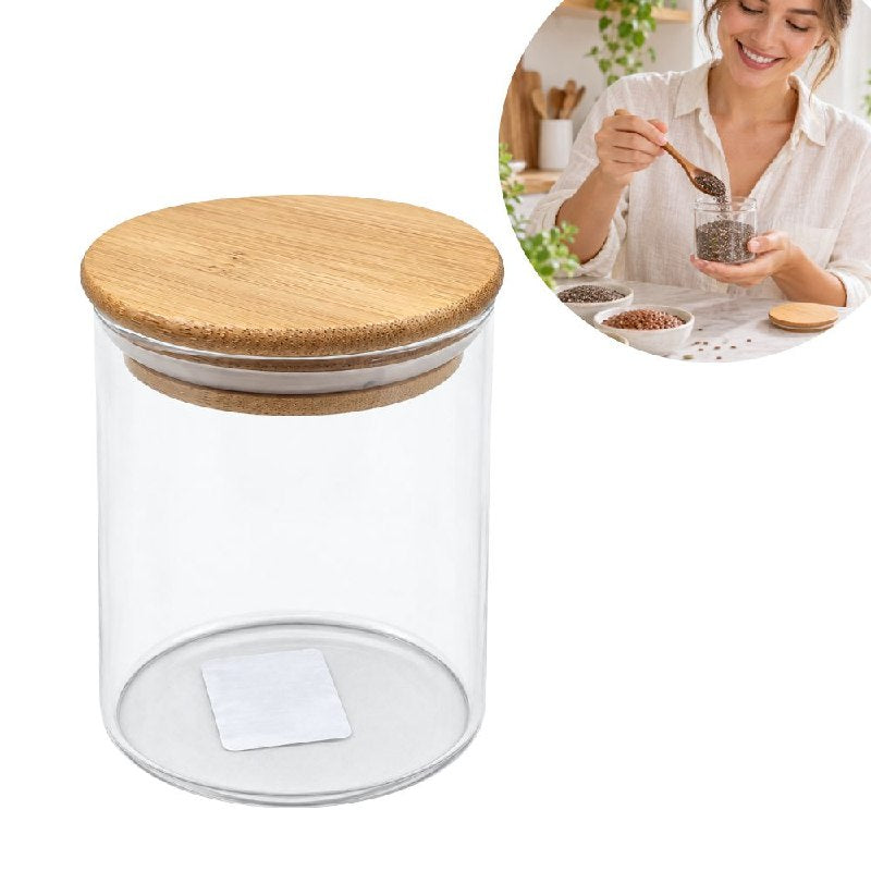 RECIPIENTE FRASCO DE VIDRIO HERMETICO TRANSPARENTE CON TAPA DE BAMBU 9X7CM